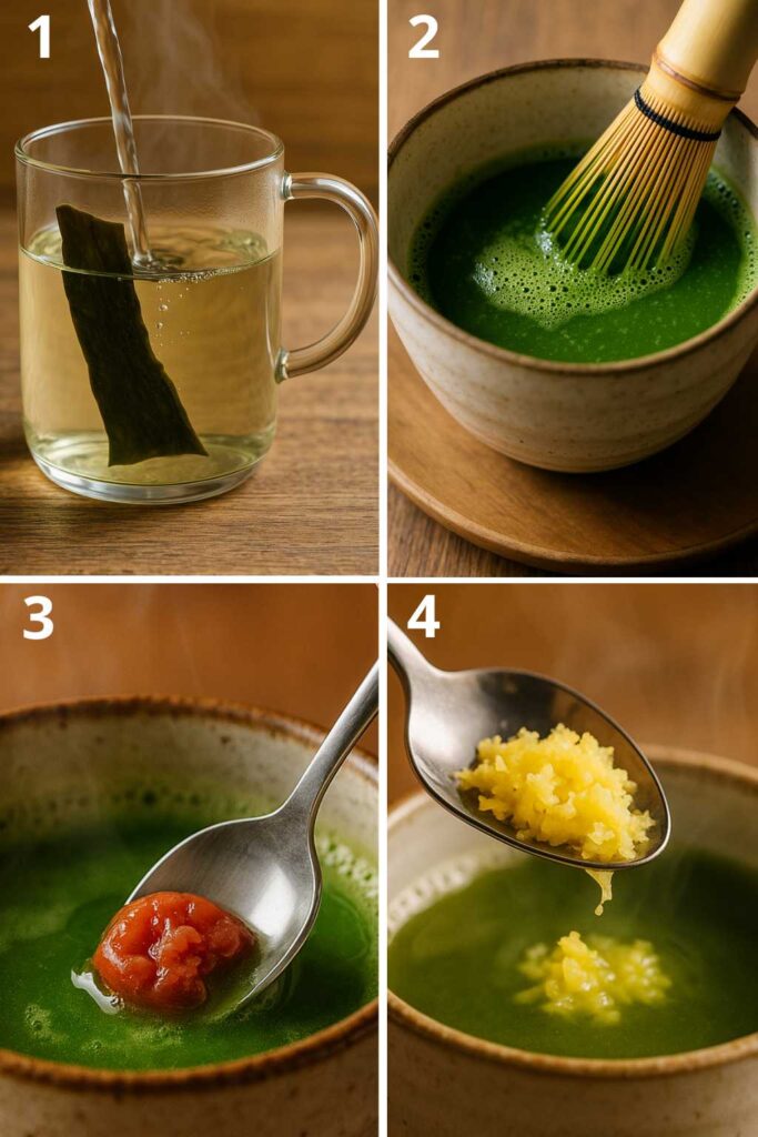 Step-by-step photos showing how to make Japanese Mounjaro drink: steeping kombu in water, whisking matcha, mashing umeboshi plum, and adding freshly grated ginger