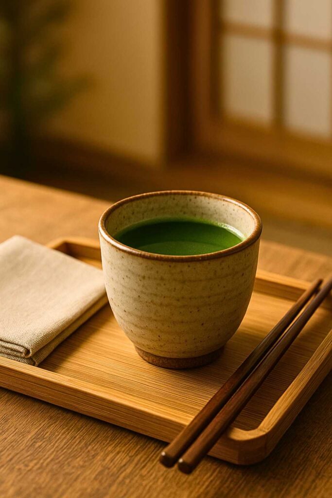 Beautifully served cup of Japanese Mounjaro recipe in a rustic ceramic cup on a bamboo tray with chopsticks and a folded napkin