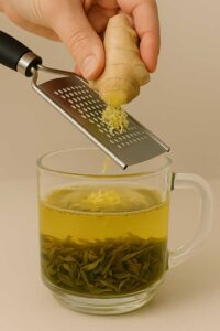 Grating fresh ginger into a glass mug for natural brazilian mounjaro recipe