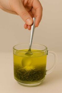 Stirring brazilian mounjaro recipe in a glass mug with ginger and tea leaves
