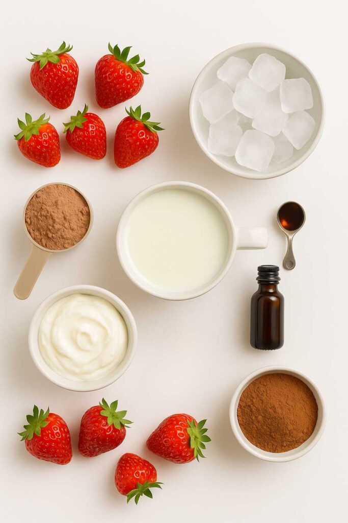 Ingredients for chocolate covered strawberry protein shake on white background