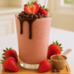 Glass of chocolate covered strawberry protein shake topped with chocolate chips and fresh strawberries.