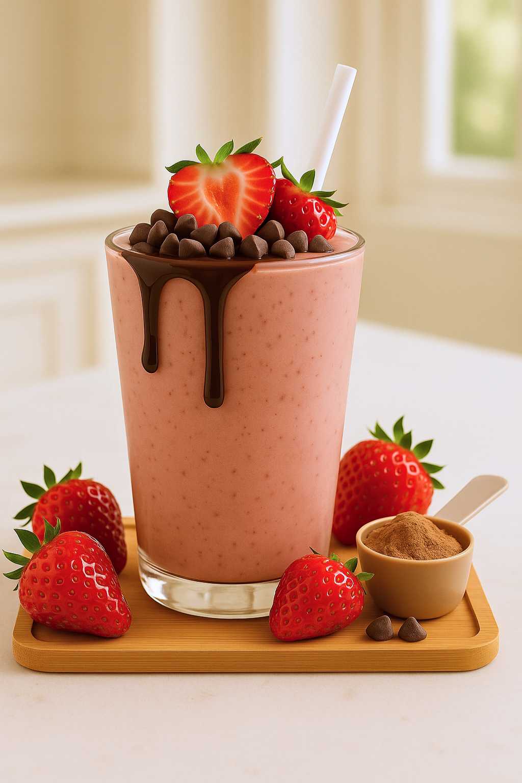 Glass of chocolate covered strawberry protein shake topped with chocolate chips and fresh strawberries.