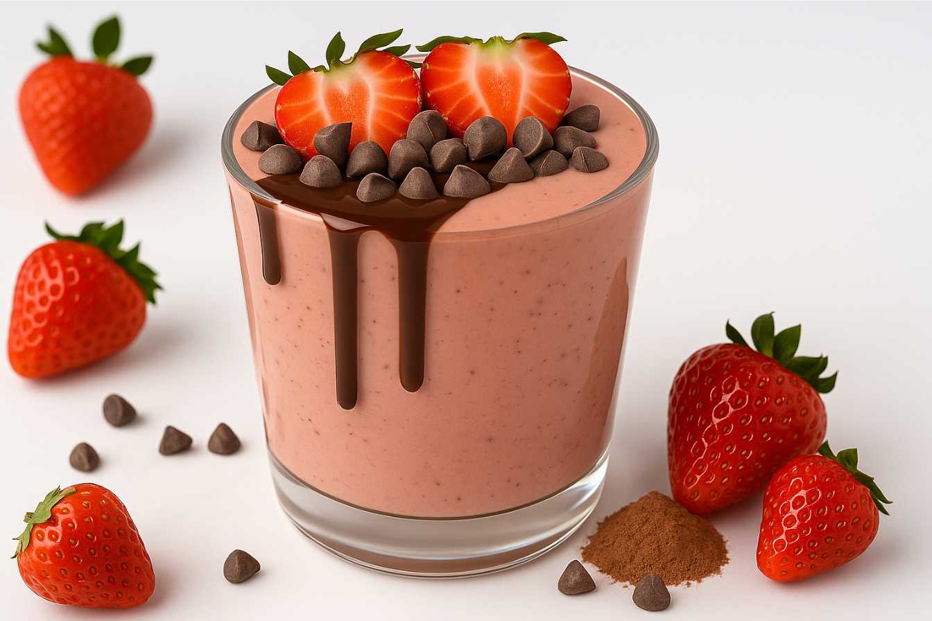 A glass of creamy chocolate covered strawberry protein shake topped with chocolate chips and fresh strawberry halves, with a scoop of chocolate protein powder and a whole strawberry beside the glass on a clean white background.