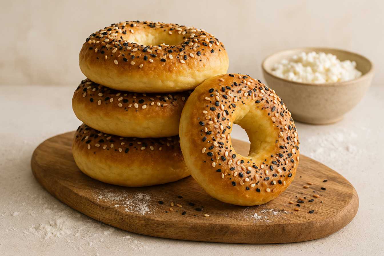 Freshly baked cottage cheese bagels on wooden board