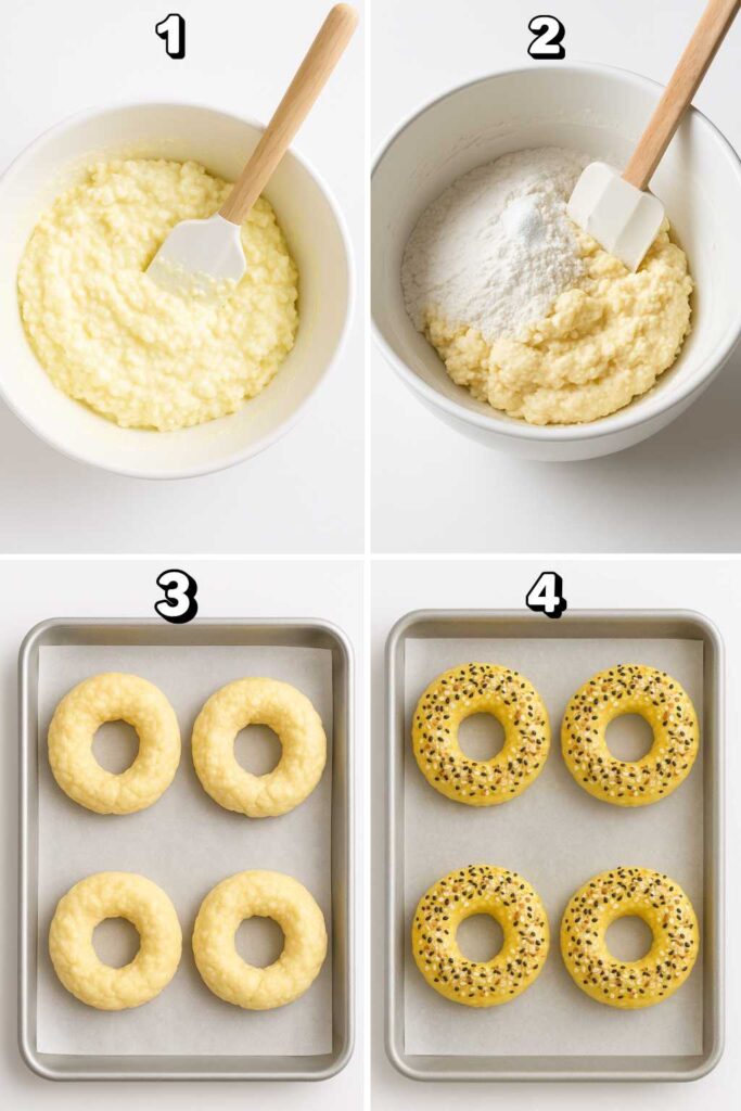 Step-by-step process for making cottage cheese bagels
