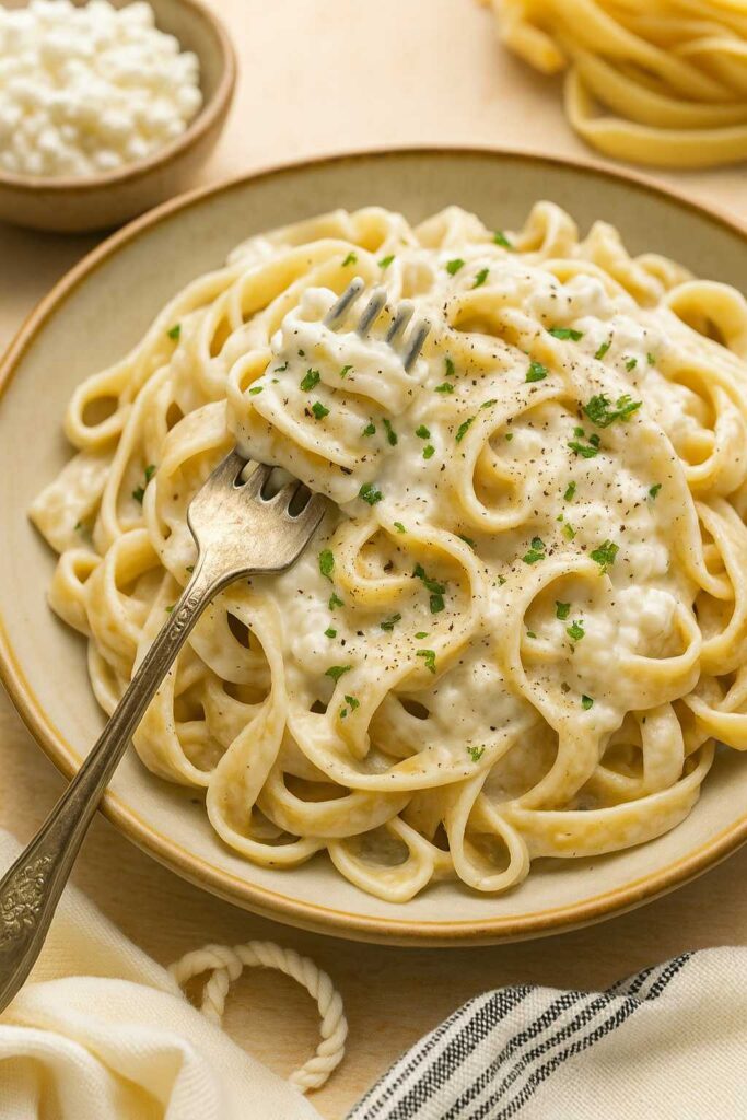 Pasta with cottage cheese pasta sauce and parsley