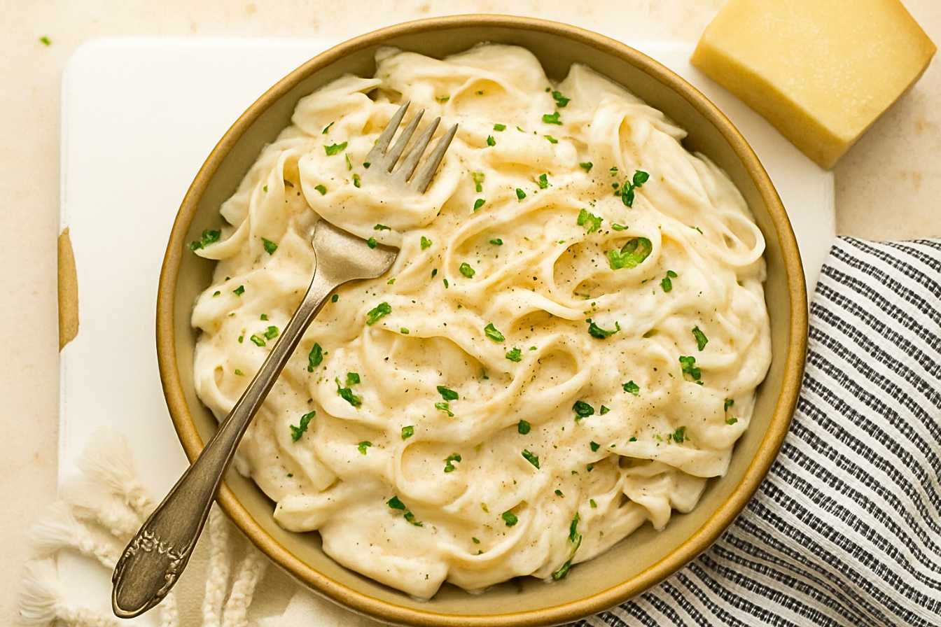 Creamy cottage cheese pasta sauce in a bowl with herbs and pasta