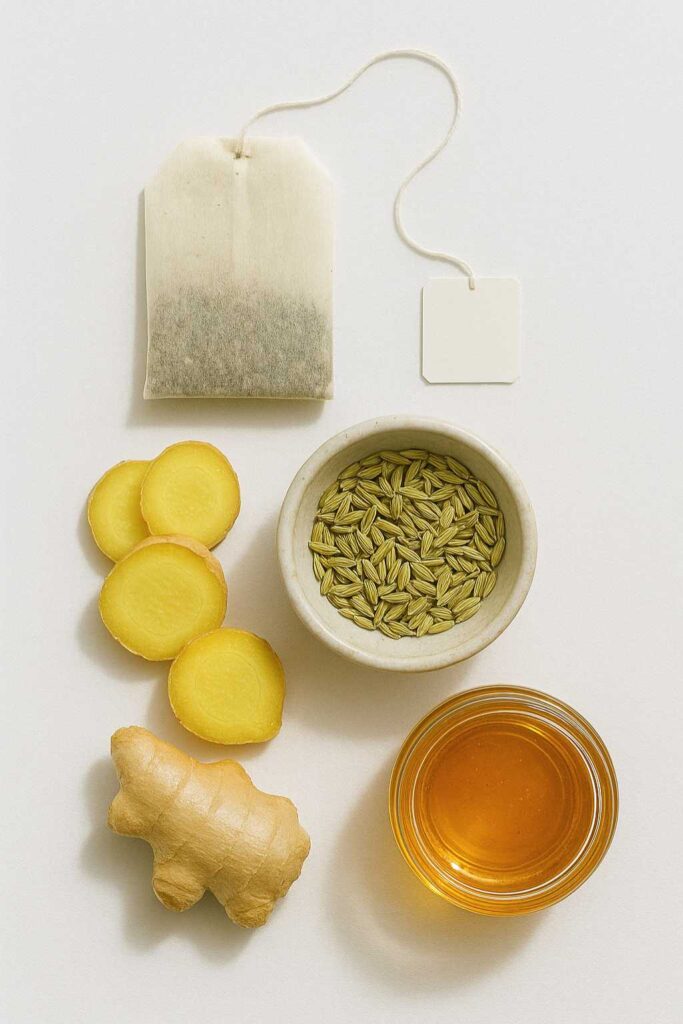 Flat lay of ginger root, fennel seeds, honey, fresh ginger slices, and a tea bag on a white background—ingredients for natural sulphur burps zepbound relief.