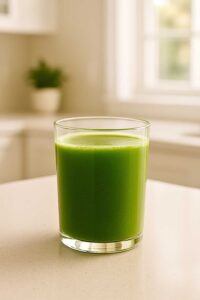 Finished ozempic detox juice in a clear glass on a bright kitchen counter