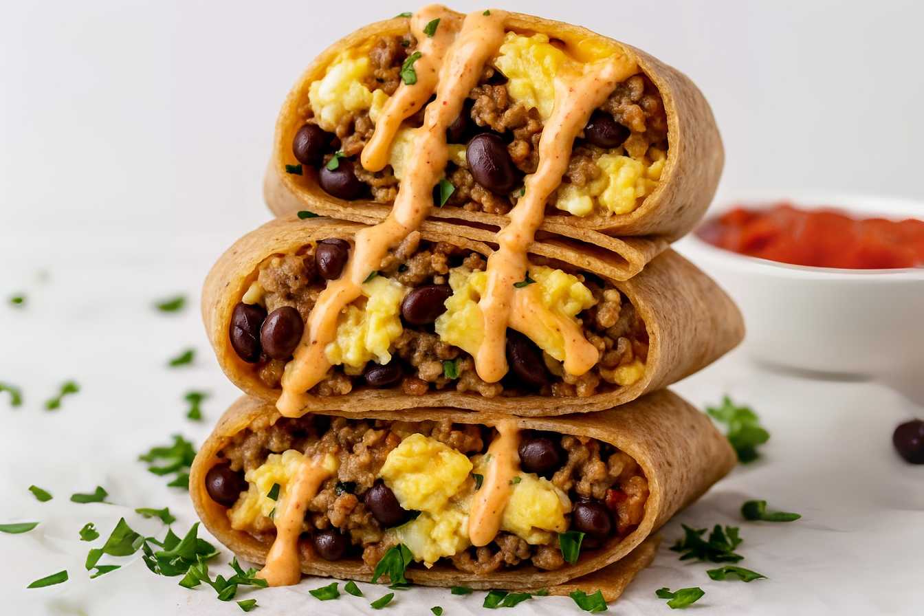 High protein breakfast burrito with eggs, sausage, and beans