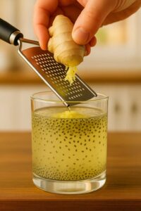 Grating fresh ginger into a glass of natural zepbound recipe with chia seeds