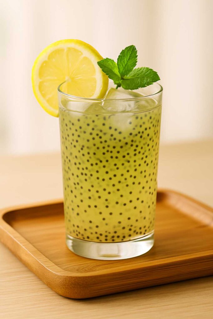 Glass of homemade zepbound with chia seeds, lemon slice, and mint on a bamboo tray