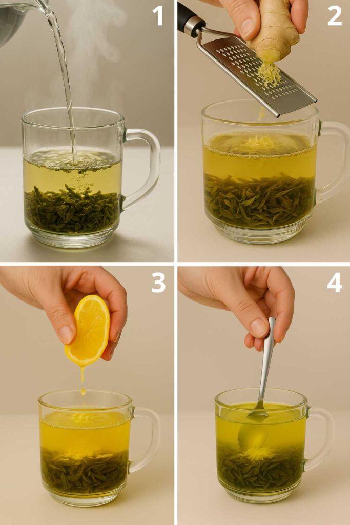 Step-by-step preparation of Brazilian Mounjaro recipe : pouring hot water over green tea leaves, grating fresh ginger, squeezing lemon juice, and stirring ingredients in a clear mug.