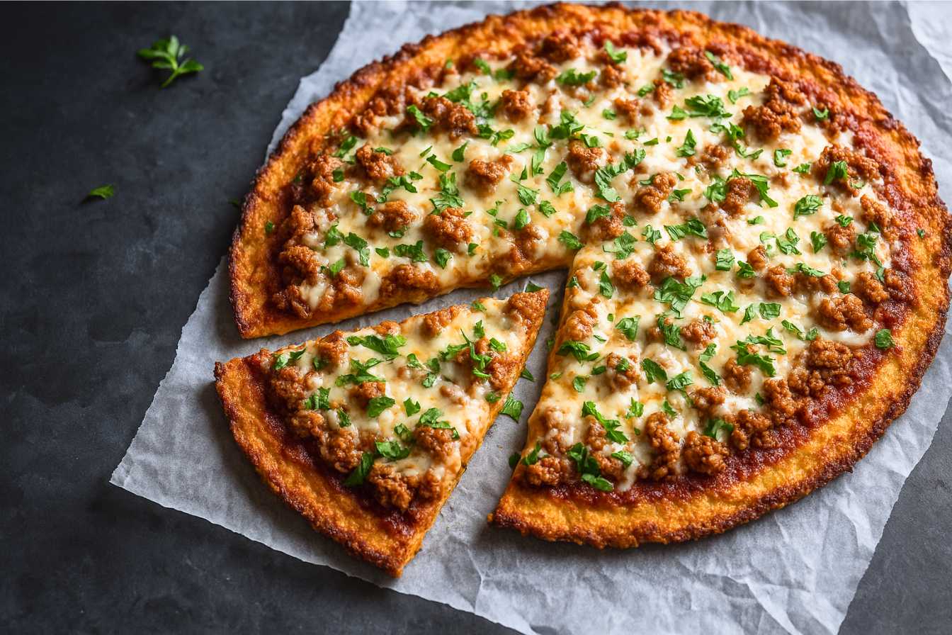 Ground chicken pizza crust topped with fresh veggies and cheese