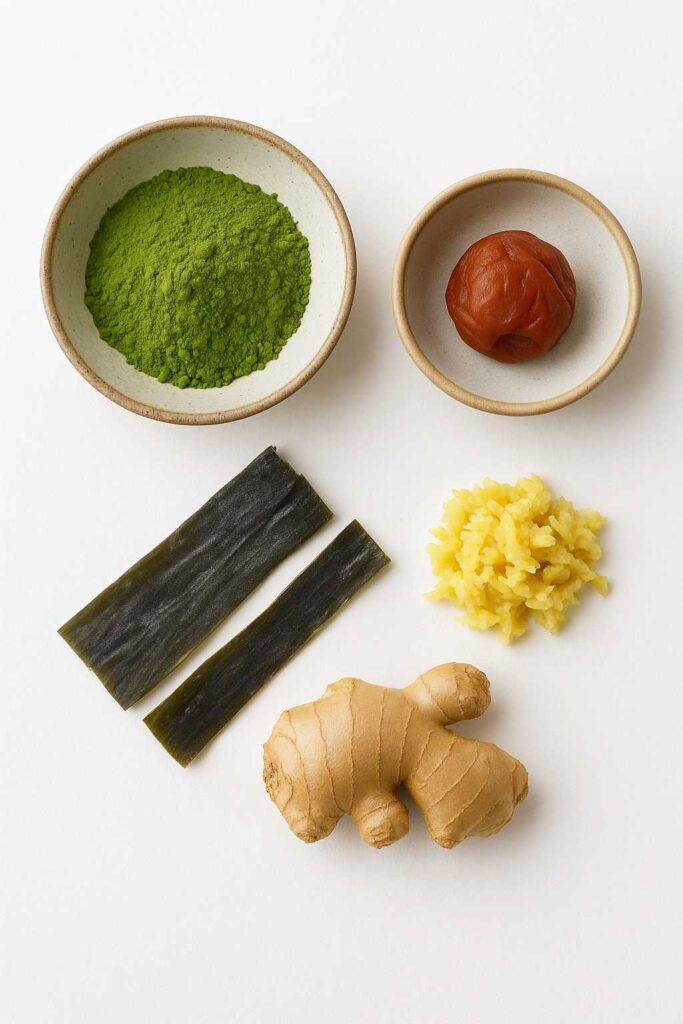 Japanese Mounjaro drink ingredients – matcha, umeboshi, kombu, ginger