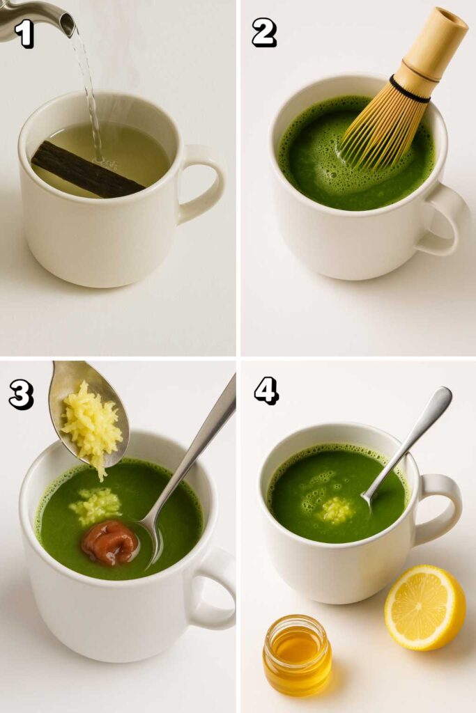 Step-by-step photos showing how to make the classic mounjaro recipe in a white mug with kombu, matcha, ginger, and umeboshi.