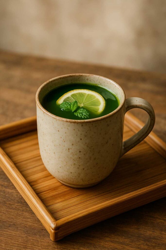 Served Natural Mounjaro recipe in a rustic mug on bamboo tray
