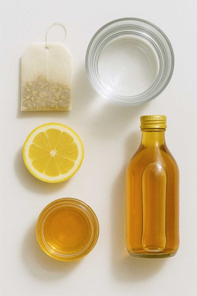 Flat lay of chamomile tea bag, lemon half, honey, apple cider vinegar, and a glass of water—ingredients for a soothing digestive drink for sulphur burps zepbound .