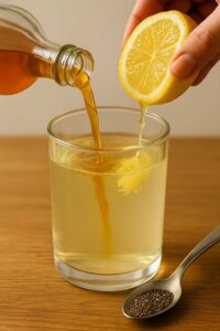 Close up of apple cider vinegar and lemon juice being poured into a glass of water for natural zepbound recipe