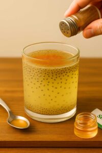 Glass of natural zepbound recipe with chia seeds and ginger, sprinkled with cinnamon, honey and stevia on the side, no lemon slice