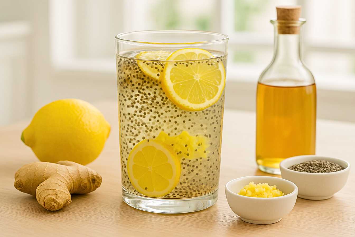 Glass of natural zepbound recipe with chia seeds, lemon slices, ginger, and apple cider vinegar