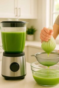 Making ozempic detox juice in a blender, straining smooth green juice through a nut milk bag