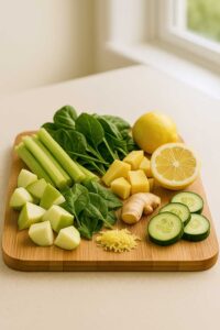 Roughly chopped celery, spinach, green apple, pineapple, lemon, ginger, and cucumber on a wooden cutting board in a bright kitchen for ozempic detox juice​