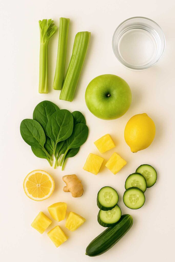 Flat lay of ozempic detox juice ingredients: celery, spinach, green apple, pineapple, lemon, ginger, cucumber, and water on white background