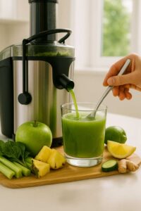 Juicer making green juice with green apple, celery, spinach, pineapple, cucumber, lemon, and ginger to prepare the ozempic detox juice