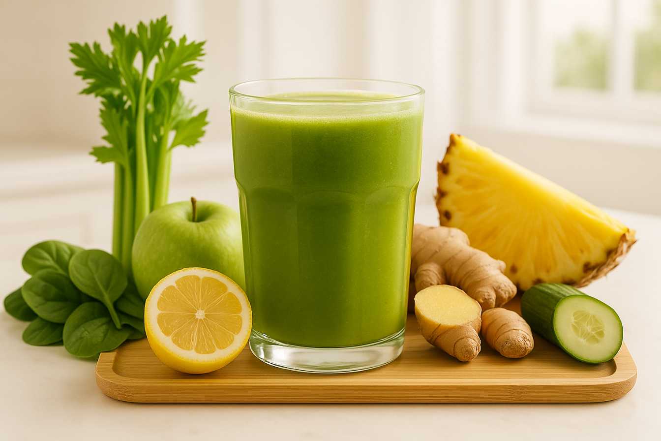 A vibrant green ozempic detox juice in a clear glass, surrounded by fresh celery, spinach, green apple, pineapple, lemon, ginger, and cucumber on a white kitchen counter