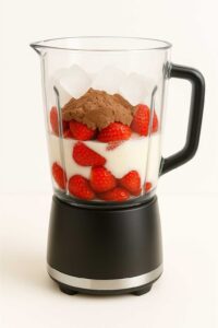 Blender filled with strawberries, chocolate protein powder, milk, and ice cubes for a protein shake for chocolate covered strawberry protein shake​