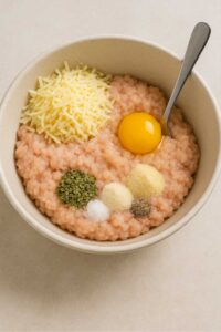 Ground chicken, egg, shredded cheese, and seasonings in a mixing bowl, ready to be combined for ground chicken pizza crust.