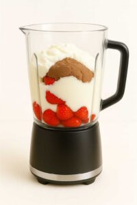 Blender filled with strawberries, Greek yogurt, and chocolate protein powder for chocolate covered strawberry protein shake