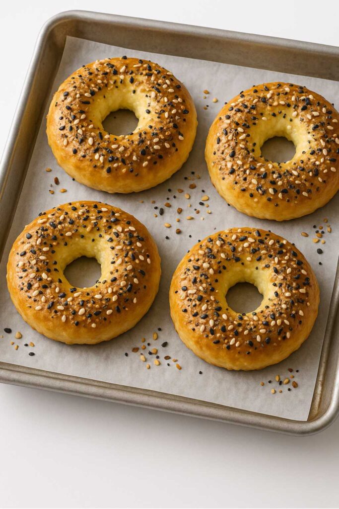Freshly baked cottage cheese bagels with everything bagel seasoning on a parchment-lined baking sheet