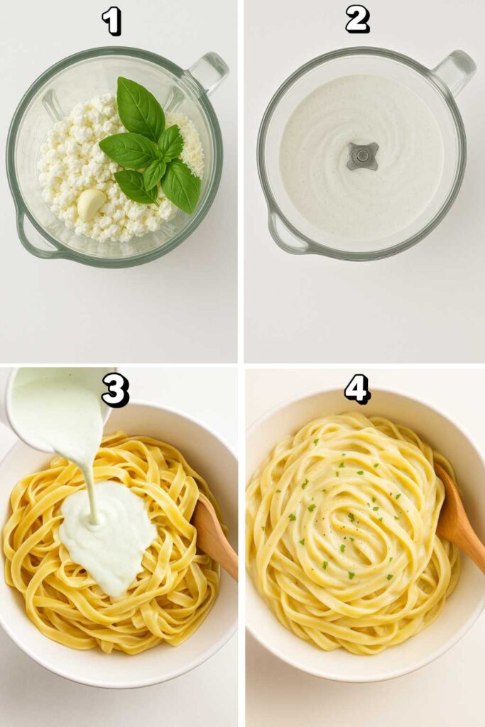 Step-by-step collage showing how to make cottage cheese pasta sauce: add ingredients to a blender, blend until smooth, pour sauce over cooked pasta, and toss until creamy.