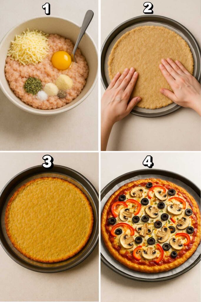 Step-by-step photos showing how to make ground chicken pizza crust from mixing ingredients, shaping the dough, baking the crust, to adding toppings.