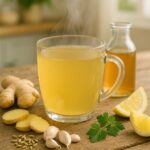A steaming mug of golden ginger-garlic broth for sulphur burps zepbound, on a rustic wooden table, surrounded by fresh ginger, garlic cloves, lemon wedges, parsley, and a jar of apple cider vinegar.