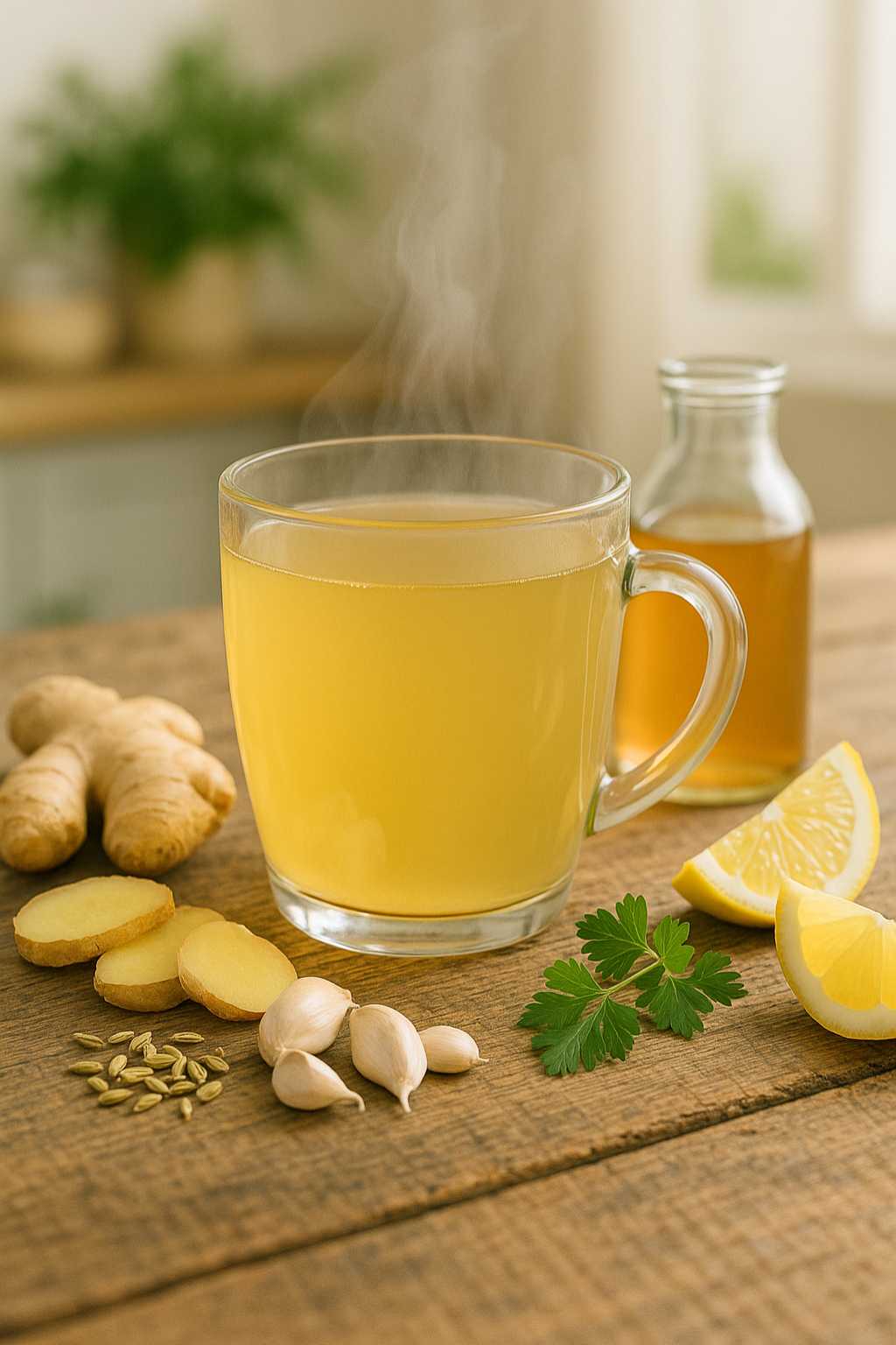 A steaming mug of golden ginger-garlic broth for sulphur burps zepbound, on a rustic wooden table, surrounded by fresh ginger, garlic cloves, lemon wedges, parsley, and a jar of apple cider vinegar.