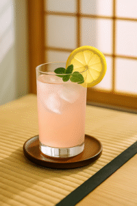 Glass of Japanese pink salt recipe with lemon, mint, and ice on a sunlit table.