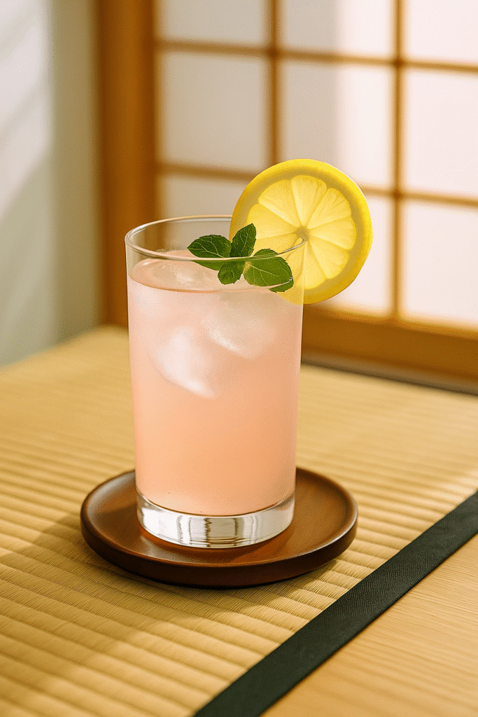 Glass of japanese pink salt recipe with lemon, mint, and ice on a sunlit table.
