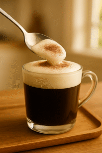 A spoon gently places a dollop of foam onto a glass mug of breve coffee, dusted with cocoa, against a softly lit kitchen background.