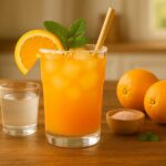 A glass of adrenal cocktail recipe filled with orange juice, ice cubes, a lemon wedge, fresh mint, and a straw, with oranges, a glass of water, and pink salt on a wooden kitchen counter.