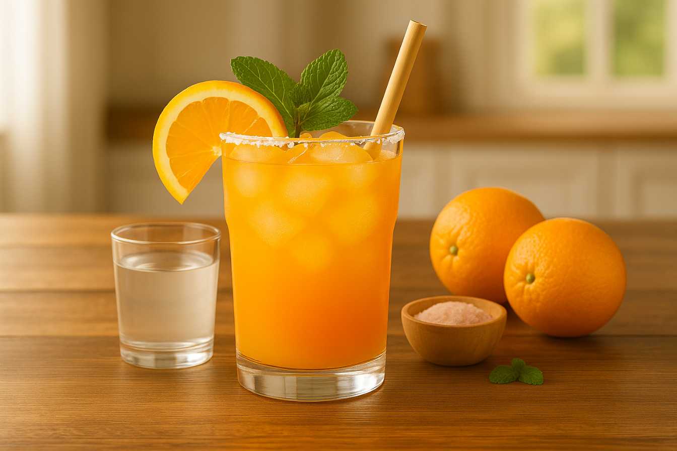 A glass of adrenal cocktail recipe filled with orange juice, ice cubes, a lemon wedge, fresh mint, and a straw, with oranges, a glass of water, and pink salt on a wooden kitchen counter.