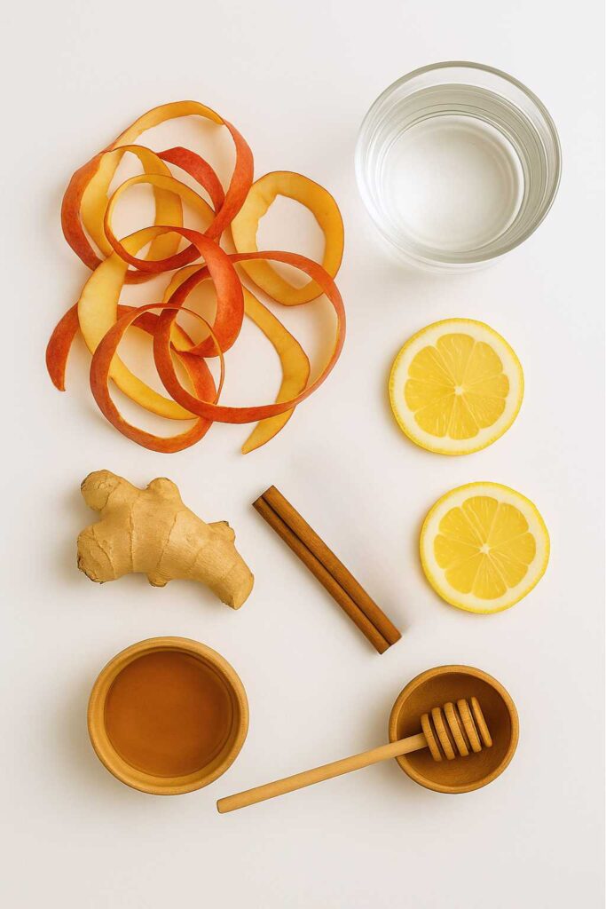 Flat lay of apple peel recipe for weight loss ingredients: apple peels, glass of water, lemon slices, fresh ginger root, cinnamon stick, and small bowls of honey with a honey dipper, all arranged on a white background.