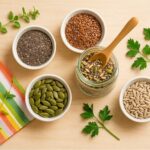 Flat lay of chia, flax, pumpkin, and sunflower seeds in small bowls, a jar of mixed seeds for a bariatric seed recipe with a wooden spoon, fresh herbs, and a colorful napkin on a light wooden table.