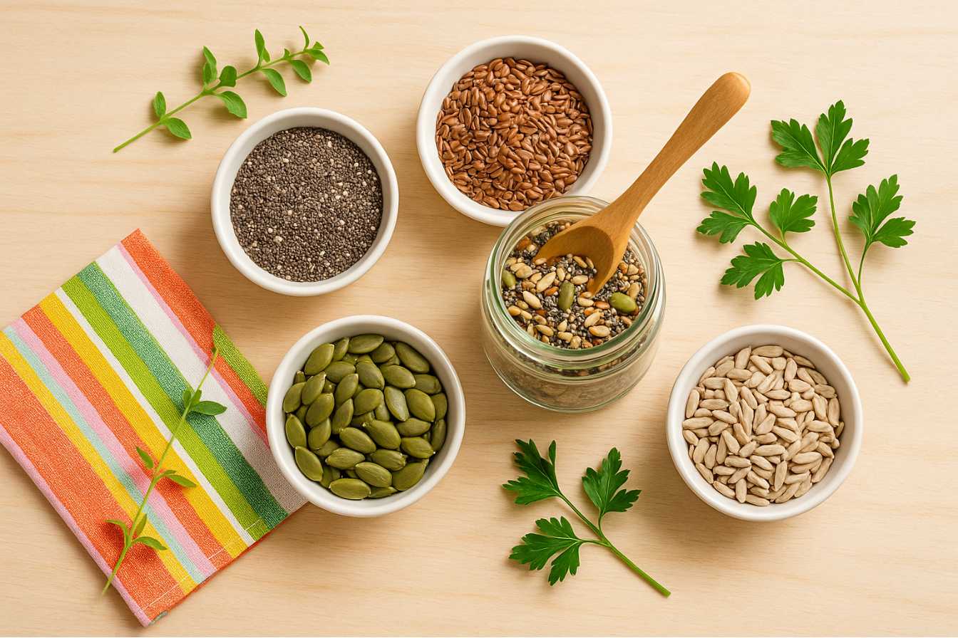 Flat lay of chia, flax, pumpkin, and sunflower seeds in small bowls, a jar of mixed seeds for a bariatric seed recipe with a wooden spoon, fresh herbs, and a colorful napkin on a light wooden table.