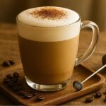 Glass mug of breve coffee topped with foamy cream and a sprinkle of cinnamon, on a wooden tray with coffee beans and a milk frother.