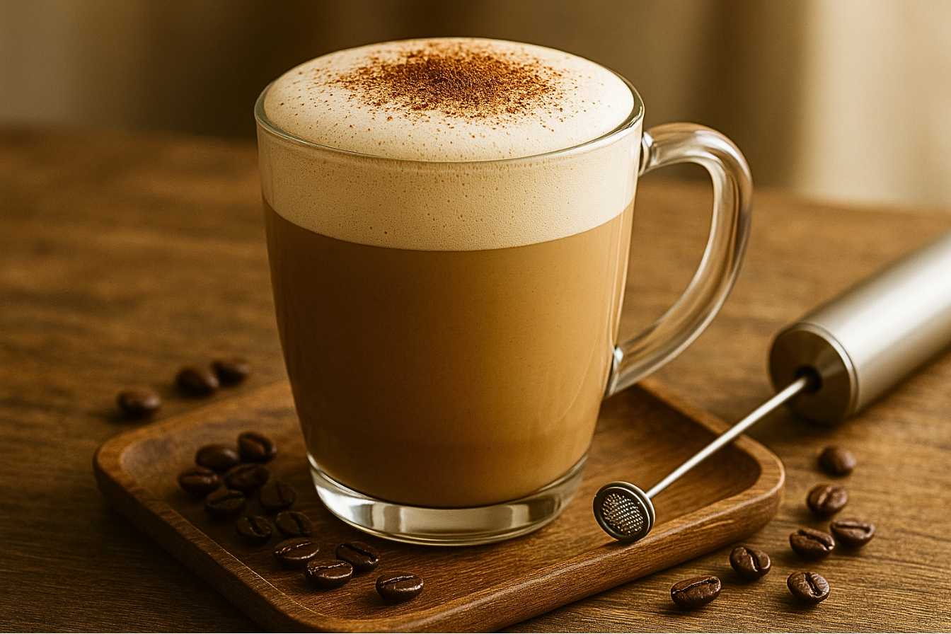 Glass mug of breve coffee topped with foamy cream and a sprinkle of cinnamon, on a wooden tray with coffee beans and a milk frother.