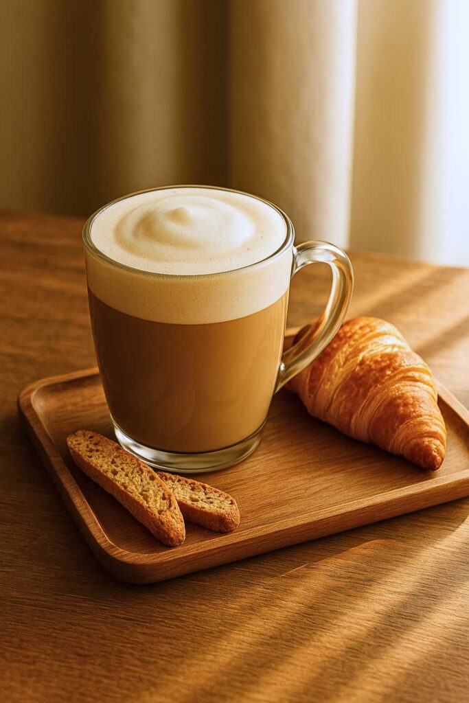 A glass mug of breve coffee on a wooden tray, paired with biscotti and a croissant, illuminated by sunlight for a cozy café atmosphere.